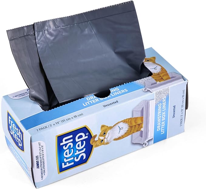 Fresh Step Jumbo Drawstring Cat Litter Box Liners, Unscented Heavy Duty Kitty Litter Bags for X-Large Oval or Rectangle Pans, Helps Contain Mess, Easy Lift Out Cleanup, 36 x 19 in, 7 Count