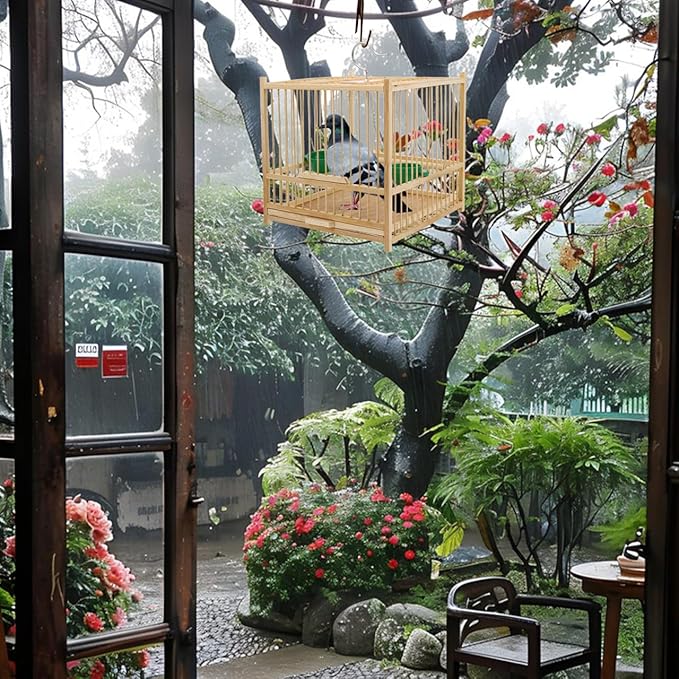 Happyyami Bamboo Bird Cage Small Square Parakeet Cage with Hanging Hook Indoor Outdoor Bird Keeping for Budgie Lovebird Cockatiel