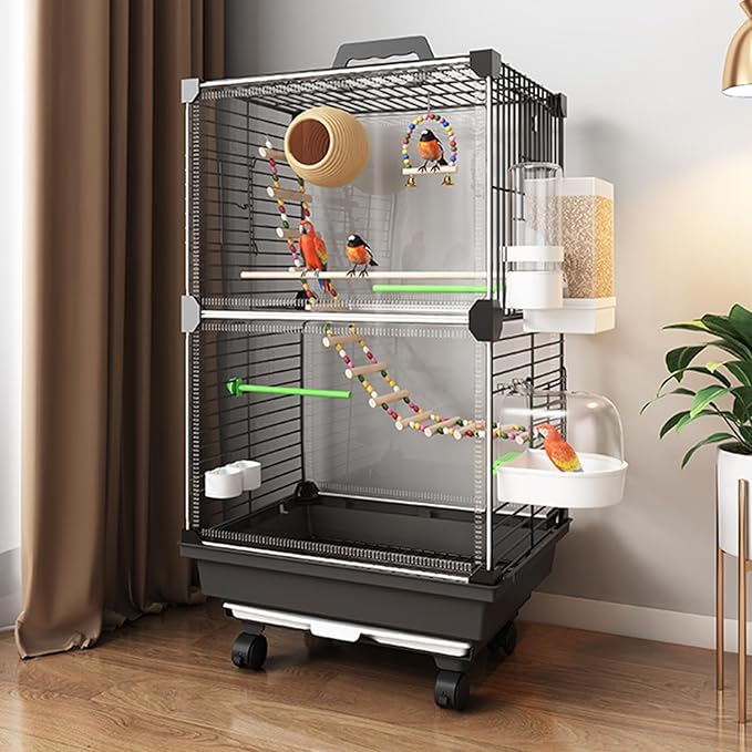 Bird Cage,Large Parrot Cage with Acrylic Doors, 3-Tier Movable Birdcage Parakeet Cage w/Wheels, 360° View Spacious Interactive Bird House (Black, Automatic Food Container and Water Bottle)