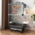 Bird Cage,Large Parrot Cage with Acrylic Doors, 3-Tier Movable Birdcage Parakeet Cage w/Wheels, 360° View Spacious Interactive Bird House (Black, Automatic Food Container and Water Bottle)