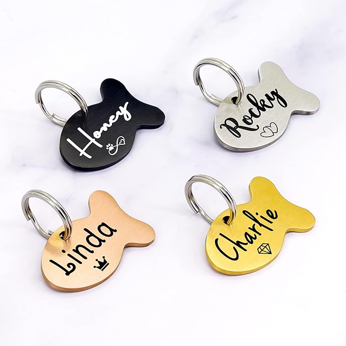 Ultra Joys Cat ID Tag Personalized Pet Tags, Durable Stainless Steel Small Pet Mini Dog Cat Tag Lightweight - Fish Tag in Black