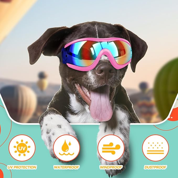 LESYPET Dog Goggles Medium Large Breed, UV Wind Dust Protection Medium Dog Sunglasses Eye Protection, Eye Wear Pet Glasses with Adjustable Strap for Outdoor Riding, Pink