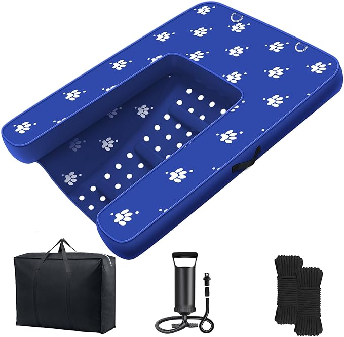 Inflatable Dock Platform, Dog Boat Ramp Floating Non-Slip Oxford and PVC Water Ramp for Dogs Pool, Dock, Lake with Traction Rope, Manual Air Inflation Pump Blue D(4.7ft x 3ft x 6in) Blue