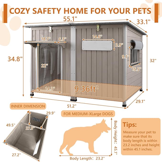 55"L Dog House Outdoor Large Breed Extra XL Wooden Dog House with Weatherproof Asphalt Roof, All-Around Iron Frame, Removable Floor, Openable Top Roof, Air Vents Window for Medium to Large Dogs