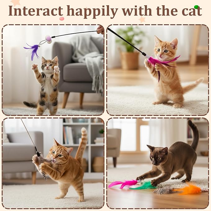 60 Pcs Cat Wand Feather Toys Refill Colorful Cat Wand Replacement Feathers Toy for Interactive Kitten Fishing Pole Feather Attachments with Bells for Stray Cats to Exercise