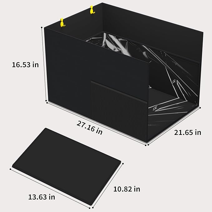 Aokeyee Waterproof Cat Litter Box Enclosure Splash Guard with Removable PVC Mat, Foldable Black Pet Litter Box Shield with 2 Hooks