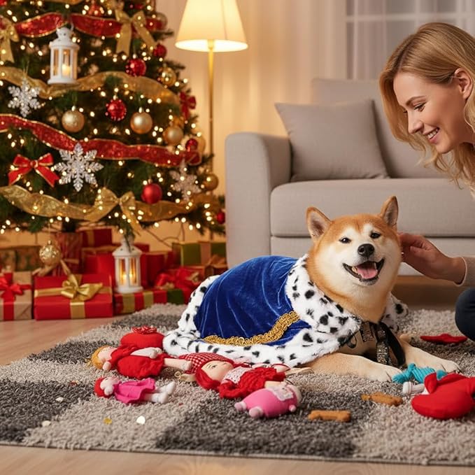 Lovelyshop pet Serial Lux Fur Blue Cat Dog Cloak for Halloween Costumes, King Queen Prince and Princess Cosplay-M/Regular