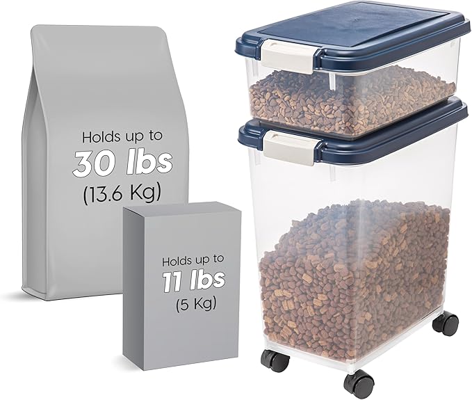 IRIS USA Dog Food Storage Container, 30 lbs & 11 lbs Combo, Cat Food Storage Container, Dog Treat Container, Airtight, Stackable, Wheels, Easy Mobility, Navy