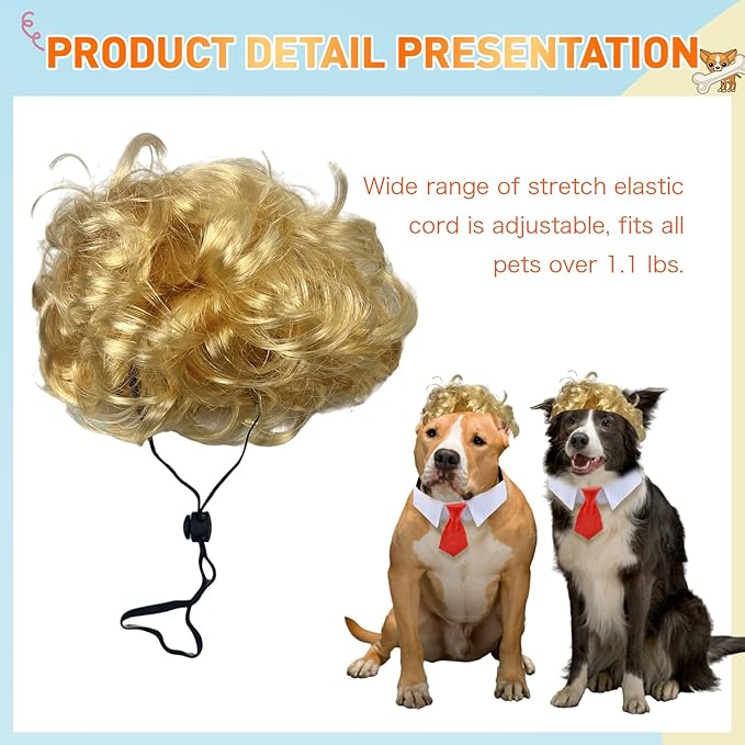 Funny Blonde Dog Wigs and pet Collar with red tie Set Large Dog Costume for Halloween Cat and Small Animal Costume