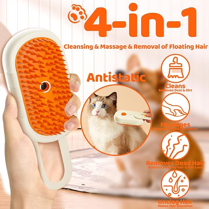 Pet Steam Brush, Shower Bath Brush, Grooming Water Brushes for Long & Short Haired Pets, Cat Steam Brush, Dog Brush for Shedding, Mist Spray Hair Removal Comb (Orange)