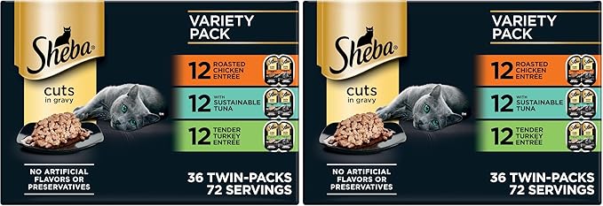 Sheba Perfect Portions Wet Cat Food Cuts in Gravy,Roasted Chicken Entree,with Sustainable Tuna,Tender Turkey Entree,2.6 oz. Twin-Pack Trays (,72 Servings),36 Count (Pack of 2)