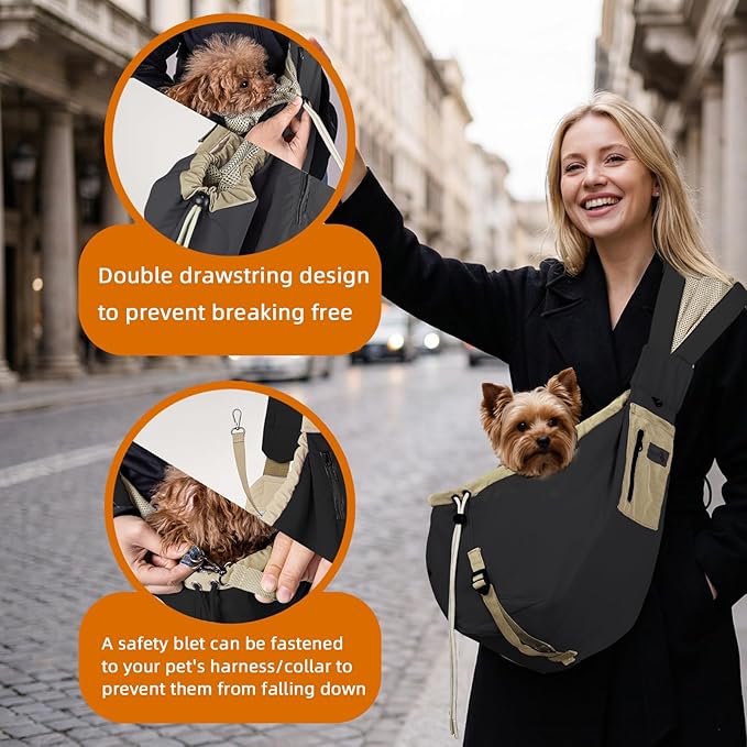 Dog Carrier Sling,Dog Carriers for Small Dogs & Cats Under 20 lbs,Puppy Carrying Backpack Pet Purse with Pockets,Adjustable Shoulder Strap,Hands Free for Travel (Black)