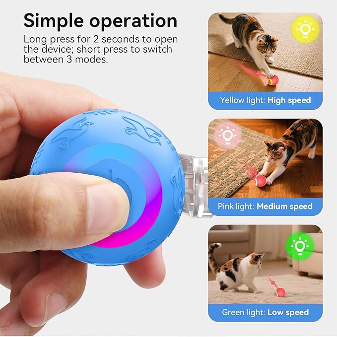Interactive Cat Toys Ball for Indoor Cats Fast Rolling on Carpet, Chirping & Motion Activate Cat Toys, Slow/Nromal/Fast Mode, ON/Off Sound