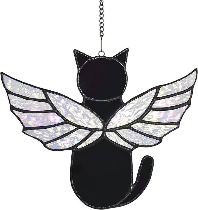 Angel Rainbow Wing Memorial Gifts - Stained Glass Cat Suncatcher, Loss of Cat Sympathy Gift (Black)