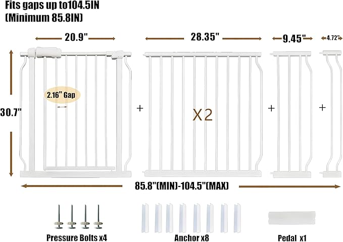 Extra Wide Baby Gate 85.8-104.5 Inch, Pressure Mounted No Drilling, for Stairs & Doorways, Metal White Indoor Safety Gate for Kids and Dogs