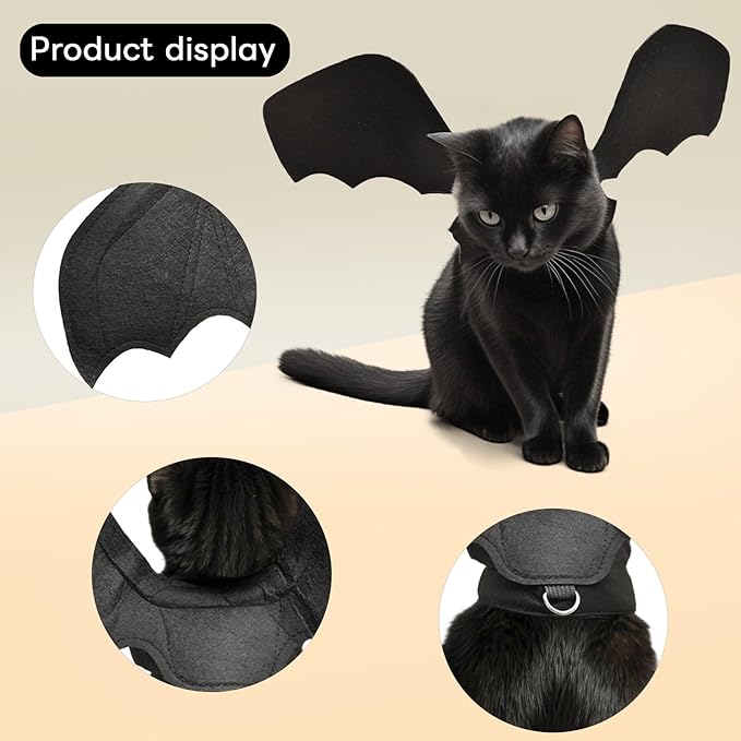 Batwing Cat Costume with Leash Hook - Soft Felt Kitten Costume, Adjustable Cat Puppy Clothes for Cosplay Party Walks (M)