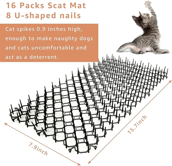 16PCS Cat Scat Mat 16" x 8" Cat Spike Keep Cats Out of Yard Permanently, Scat Mat with Spiked Outdoor Garden & Indoor Furniture, Square Cat Deterrent for Counters, Plastic Anti Dog Digging Deterrent