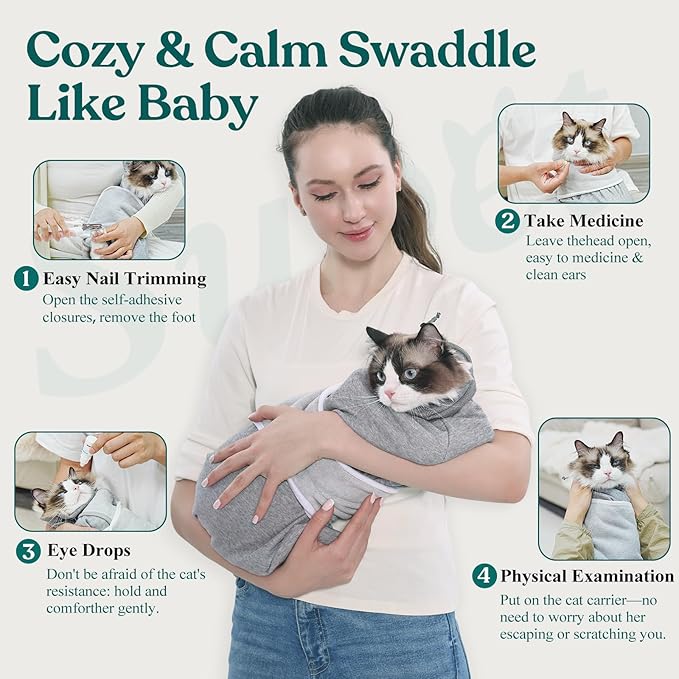 Supet Cat Grooming Wrap for Cutting Nails, Self-Adhesive Anti-Scratch Swaddle with Bite-Proof Mesh Hood & Thick Waist Strap Anti-Escape Bag for Nail Trimming, Medication, Ear Cleaning (Grey L)