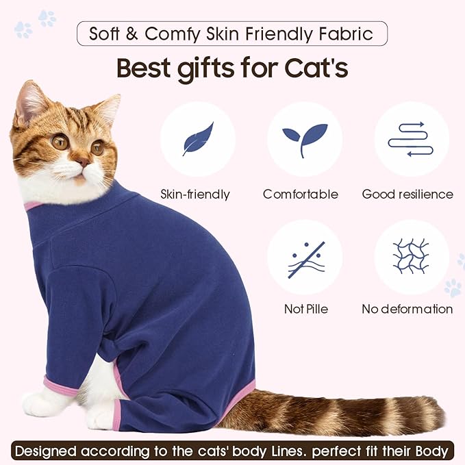 DENTRUN Cat Clothes for Hair Control with Hair Sticky Fabric - Soft Recovery Suit & Breathable Lint-Resistant Cat Sweater for Cats Only, Kitten Onesie Pajamas, S, Blue