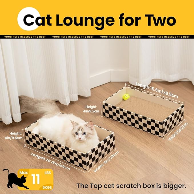 Cat Scratcher Box with 4 Scratching Pads&2 Separate Cardboard Boxes,2-in-1 Cardboard Cat Scratch for Multiple Kitten Interactive Play,Checkered(Ball & Fish Catnip Toy Included)