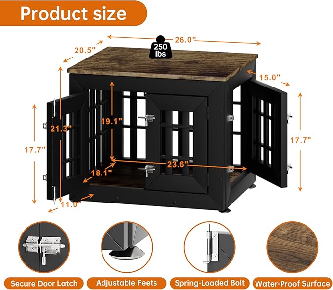 26" Heavy Duty Dog Crate Furniture for Small,Medium and Large Dogs,Rustic Wooden Dog Cage Kennel Indoor Furniture with Waterproof Top,Decorative Pet House Side End Table (Black & Wood)