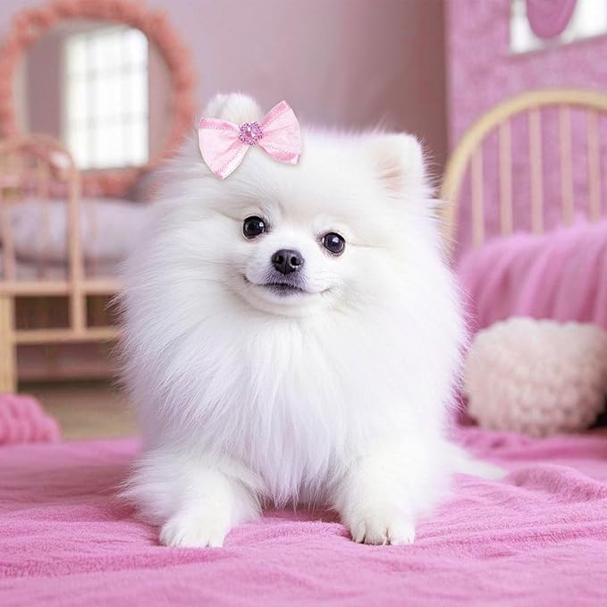 20 PCS Cute Dog Hair Bows with Rubber Bands Elastic Handmade Mix Style Lace Rhinestone Pearls for Furry Puppy Cat Pet Girl(Novel Pattern,Pink)
