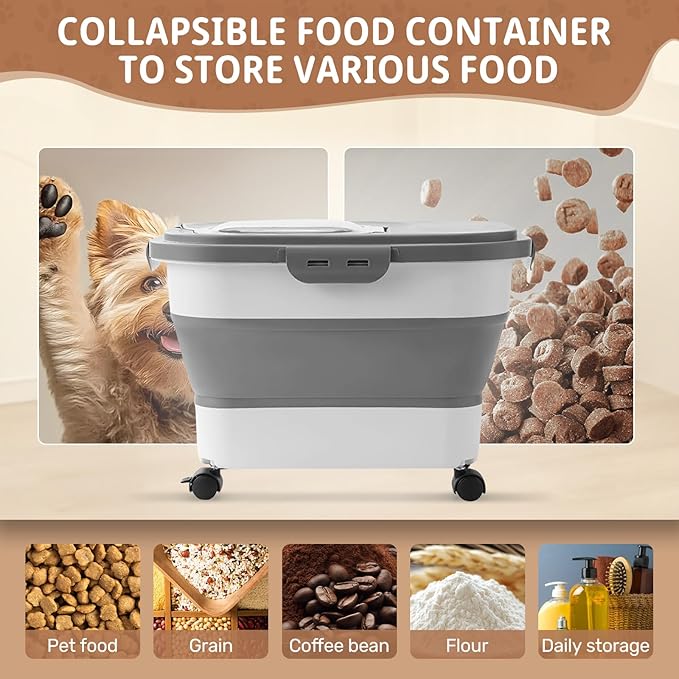 Dog Food Storage Container Up to 2pack*20LB,Collapsible Dog Food Container with Travel Silicone Bowl and Scoop for Dog/Cat/Bird Food/Cat litter,Keep Dry Food Fresh,Easy to Move.