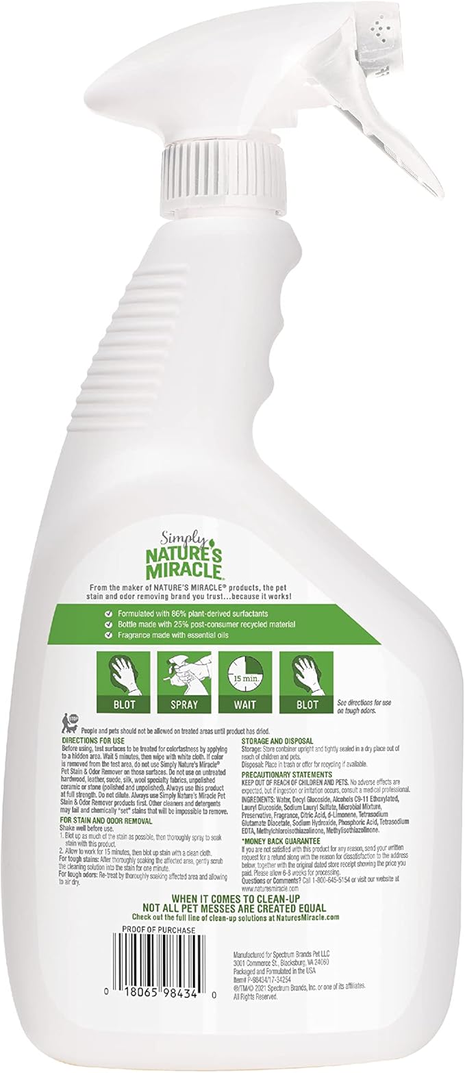 Nature's Miracle Simply Pet Stain and Odor Remover, 32 Ounce, Made with 86% Plant-Derived Surfactants