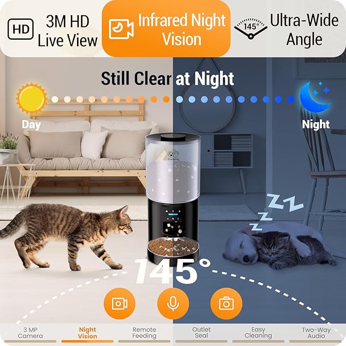 Automatic Cat Feeder with 3MP Camera: 5G WiFi Automatic Dog Feeder with Night Vision, 5L Timed Auto Cat Food Dispenser with APP for Pet, Detachable for Easy Clean-21 Cups