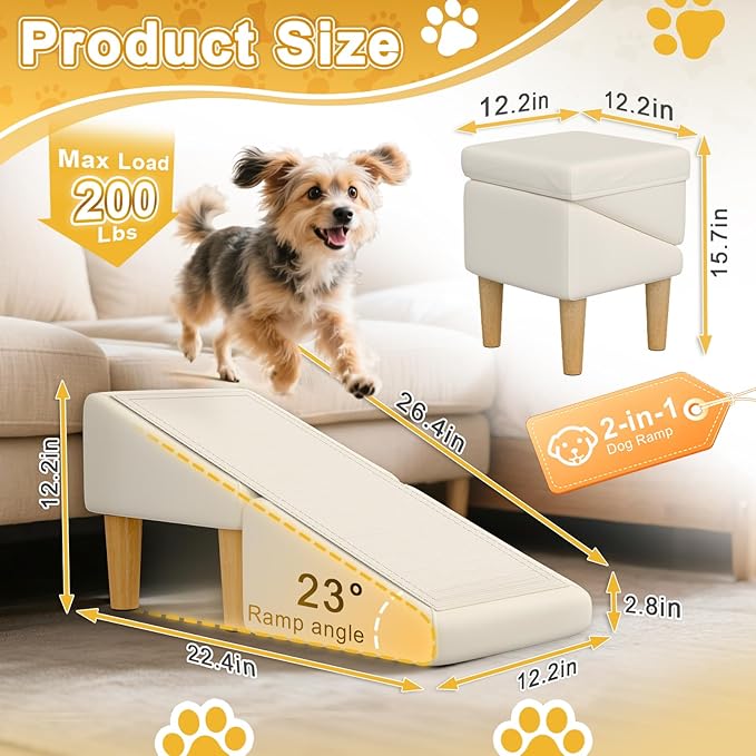Split Ottoman Dog Ramp, 23-Degree Puppy Ramps for Small Dogs, Solid Wood Anti-Slip Dog Ramp for Couch, Includes Removable Anti-Slip Mat and Seat Cushion, for Small and Injured Dogs & Cats