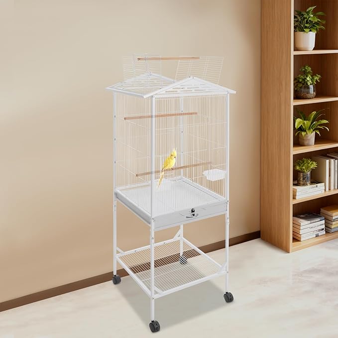 Bird Cage with Wheels, Breeding Cage Wrought Iron Flight Cage with Wooden Stand, Removable Tray & Feeding Bowls for Parrots, Canaries, Lovebirds Finches, 18" L x 18" W x 54" H