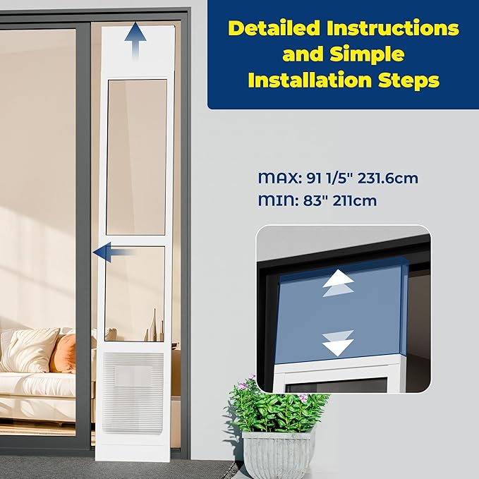 Large Dog Door for Sliding Glass Doors,No-Cut DIY Install Pet Door- Aluminum Frame& Panel & Lock, Adjustable Height 83”-91 1/5”, Suitable for Dogs Up to 105 lbs -White