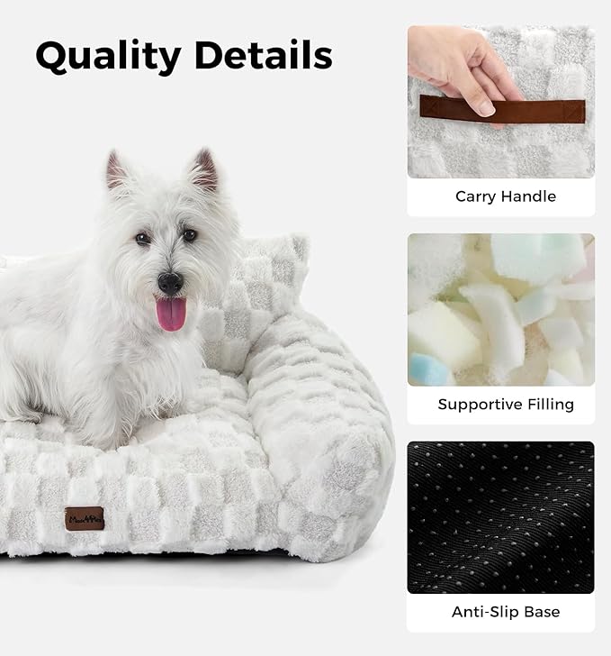 Made4Pets Dog Couch Bed, Soft Faux Fur Checkered Indoor Pet Sofa, Comfortable Fluffy Dog Sofa with Supportive Foam, Removable Washable Cover with Non-Slip Base, White, Large