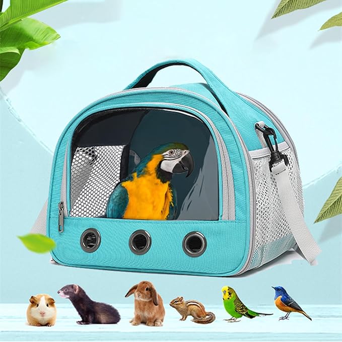 Parrot Carrier Travel Bird Carrier 12 * 8 * 10in Panoramic View with Plush Mat Metal Tray Grid Foot Pad for Parrot Hamster Hedgehog Rabbit Sugar Glider (Black)