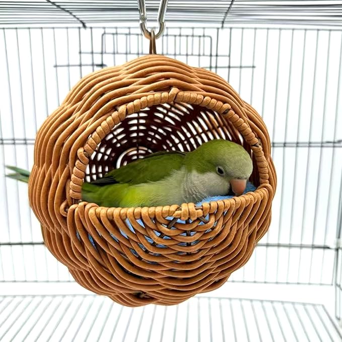 Rattan Bird Nest for Cage，Hanging Parakeet Bed Hammock Hideout Lay Eggs Canary Nest Sleep Parakeet Warm House Hut Parrot Cage Accessories for Cockatiel Budgerigar Finche Canaries