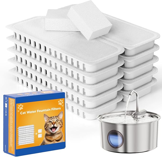 Cat Water Fountain Filters - 108oz/3.2L Cat Water Fountain, Stainless Steel Pet Fountain Dispenser for Cats, Dogs, Multiple Pets (10 pcs Filters)