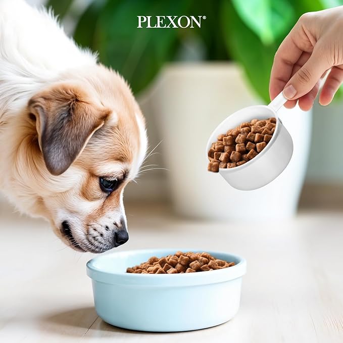 Plexon Metal Dog Food Storage Container with Scoop - Small Dog Food Container Holder Treat Jar Bin with Lid - Pet Chow Storage Canister Tin,1.5 Gallon, 7 lbs, White