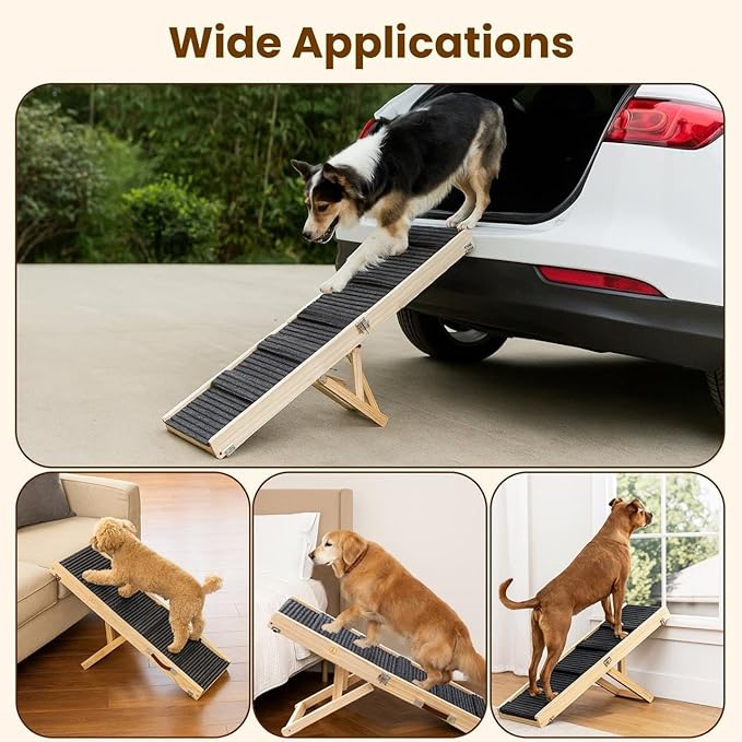 Adjustable Dog Ramp 40.5" Length, 5 Heights 10–24 Inches, Foldable Pet Ramp for Bed & Couch, Solid Wood, Non-Slip Carpet, Portable