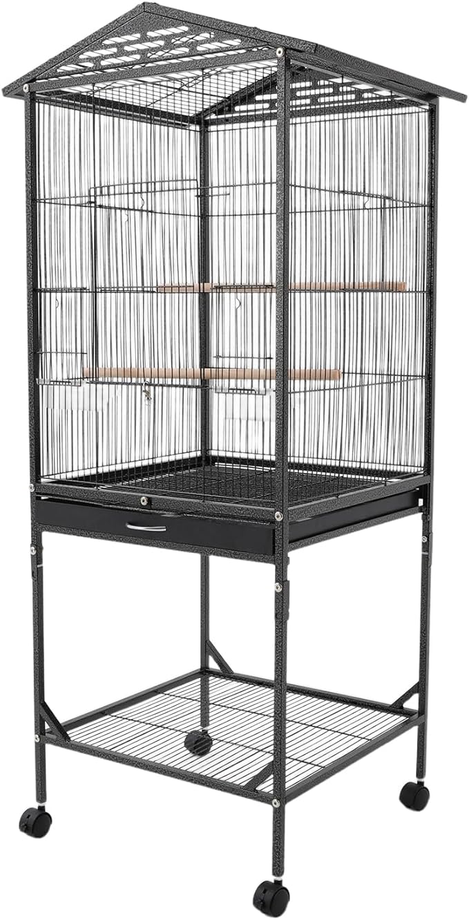 18x18x49 in Iron Flight Bird Cage, Freestanding Parakeet Bird Cage, Pigeons Parrot Birdcage, Large Parakeets Cage with 4 Universal Wheels, 3 Wooden Stands, 2* Feeding Cups and Slide-Out Tray (Black)