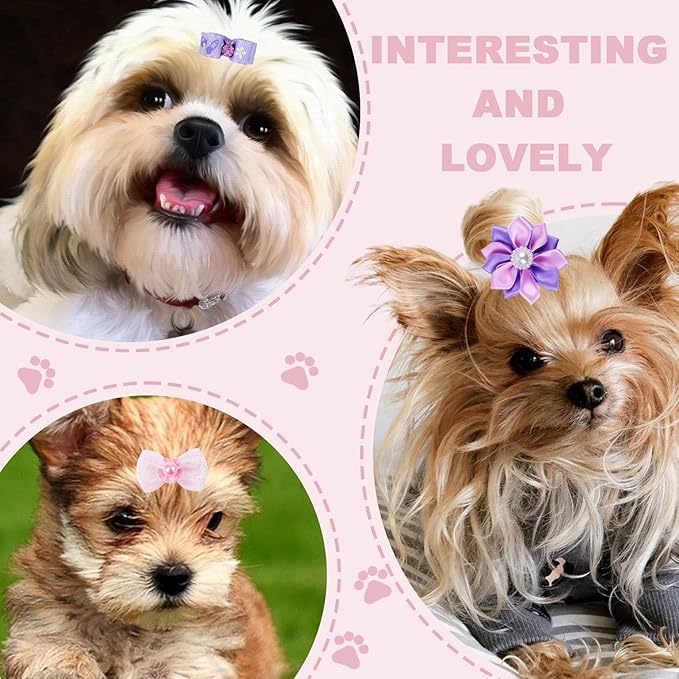 22 Pieces Cute Dog Hair Bows with Elastic Rubber Bands, Small Puppy Hair Accessories with Butterfly Flower Pearls Double Bow for Pets Dogs Cats Hair Grooming (Purple and Pink)