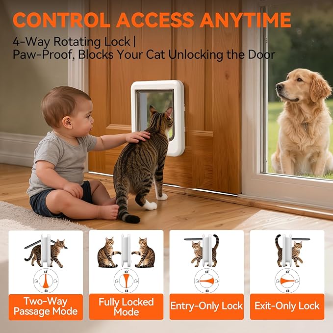 LIBBEPET Cat Door Interior Door, Push & Turn 4-Way Lock Indoor Cat Doors, Reinforced ABS Frame Pet Doors for Cats Up to 18 lbs, Easy DIY Installation for Interior and Exterior Doors, Lagre