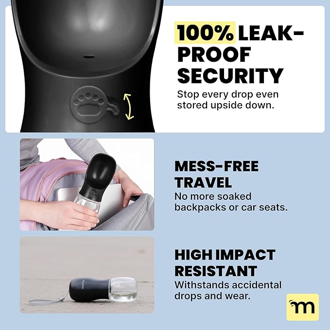 MalsiPree Dog Water Bottle Dispenser - 12 oz Black - Leak-Proof Lock & One-Hand Operation - On The Go Dog Water Dispenser - Pet Travel Bottle with Built-in Bowl, Travel & Hiking Ready