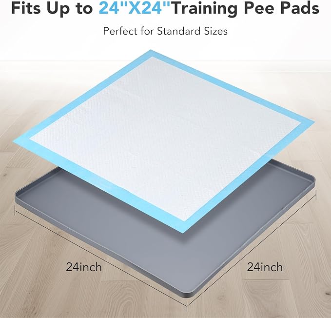 Pee Pad Holder for Dogs, Dog and Puppy Pee Pads Holder, 24"x24" Non-Slip & Leak-Proof & Portable Silicone Mat with Raised Edge Design, Square Puppy Potty Training Tray for Home Floor Protection(Grey)