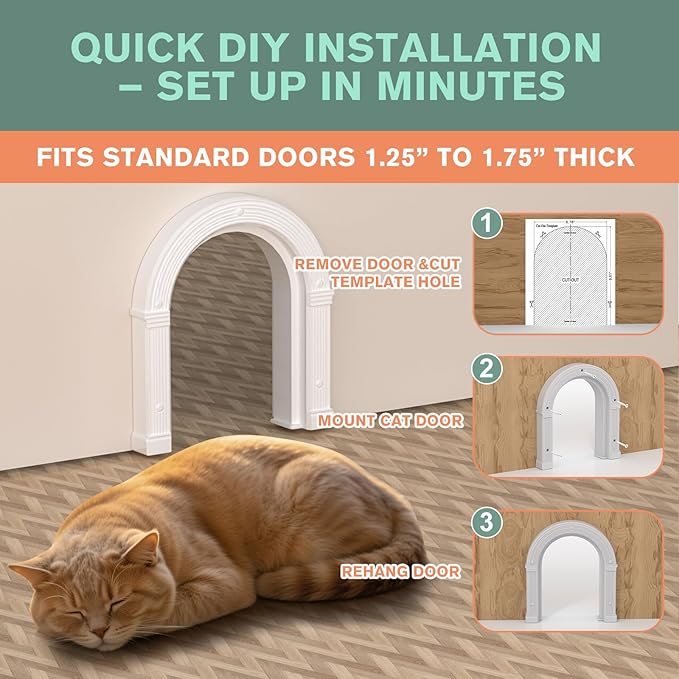 Cat Door for Interior Doors Large - No-Flap, No Training Needed, Fits Cats Up to 25 lbs, Easy Installation, Installs in Minutes, Lockable, Fits 1.25" to 1.75" Thick Solid & Hollow Doors