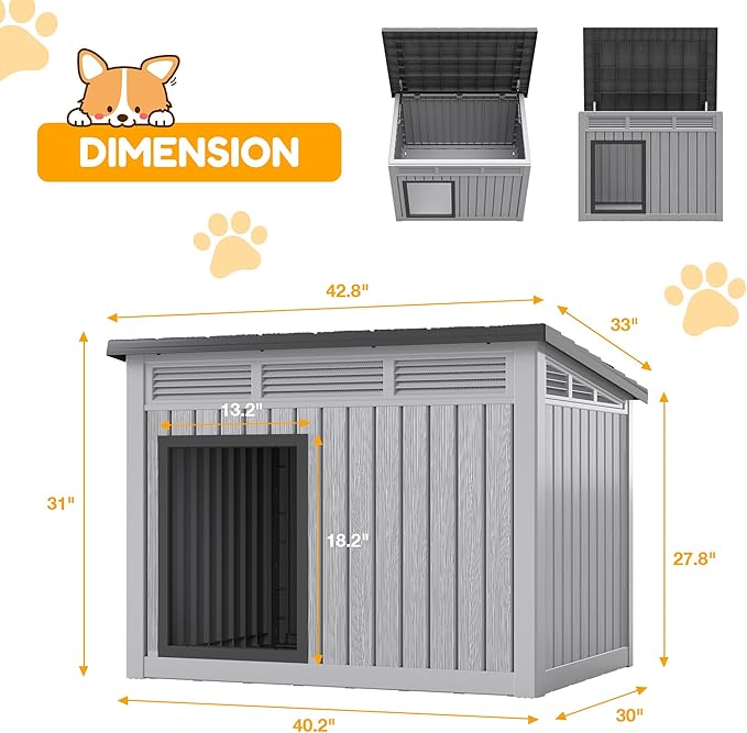 Fancyango Large Dog House for Indoor & Outdoor - Weatherproof & Removable Roof, Fits Small to Large Dogs (42.8" L x 33" W x 31.5" H) - Grey