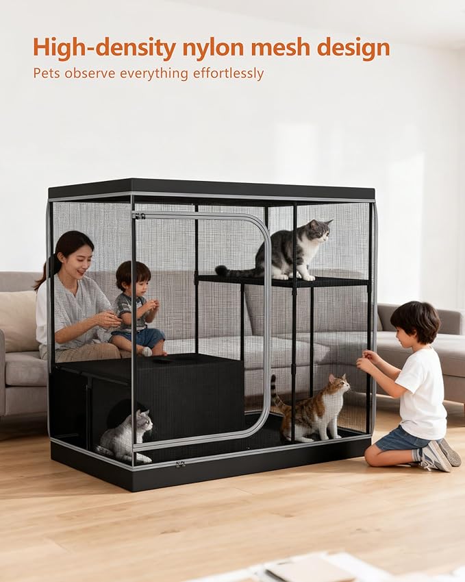 DINMO Large Cat Cage, Cat Enclosure Indoor with Litter Box, Cat Playpen for Adult Cats, Kittens & Small Animals, Multi-Level Kennel, Pet Playpen with Waterproof Floor, Black