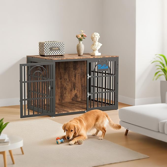 38" Dog Crate Furniture, Heavy Duty Dog Crates, Dog Kennel Furniture Indoor for Medium Dog as TV Stand, Wooden Cage End Table for Indoor Decoration, Name Tag Escape-Proof Locks & Double Door