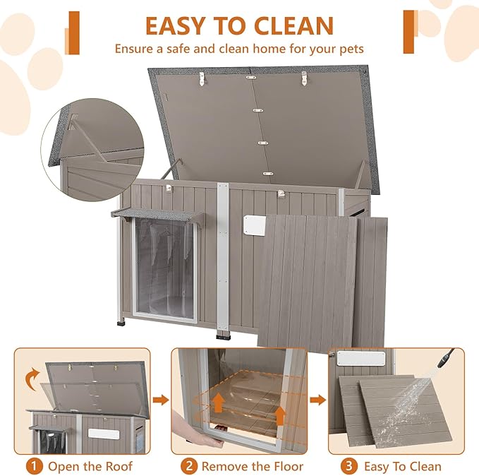 55"L Dog House Outdoor Large Breed Extra XL Wooden Dog House with Weatherproof Asphalt Roof, All-Around Iron Frame, Removable Floor, Openable Top Roof, Air Vents Window for Medium to Large Dogs