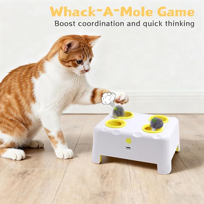 Interactive Cat Toy for Indoor Cats, 3 Modes Feathers Toy, Rechargeable 4 Holes Mole Cat Toys, Cheese Box for Kitten, 4 Accessories (White)
