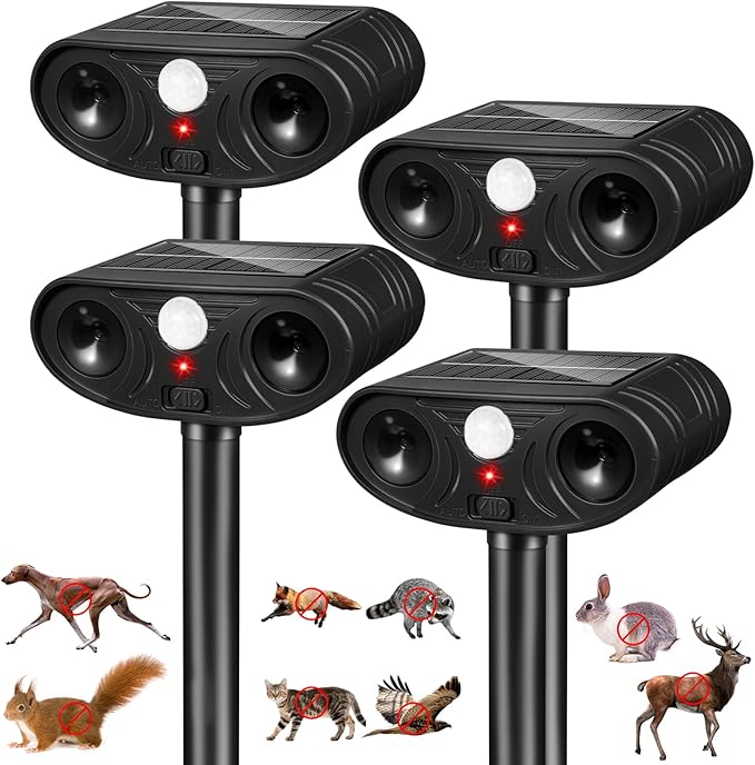 2026 Upgraded Solar Ultrasonic Animal Repellent Deer Repellent Devices Cat Deterrent Outdoor with Motion Sensor Dog Deterrent Keep Raccoon Squirrel Skunk Rabbit Away from Yard Lawn Garden 4 Pack